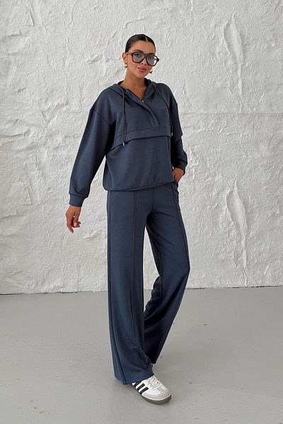 MODAGEN Women's Smoked Hooded V-Neck Half Zip Kangaroo Pocket Bottom-Top Set