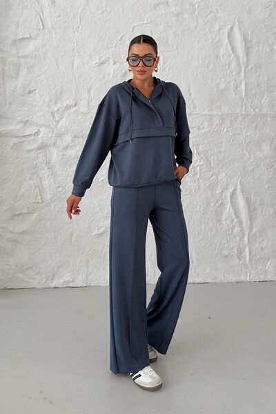 MODAGEN Women's Smoked Hooded V-Neck Half Zip Kangaroo Pocket Bottom-Top Set