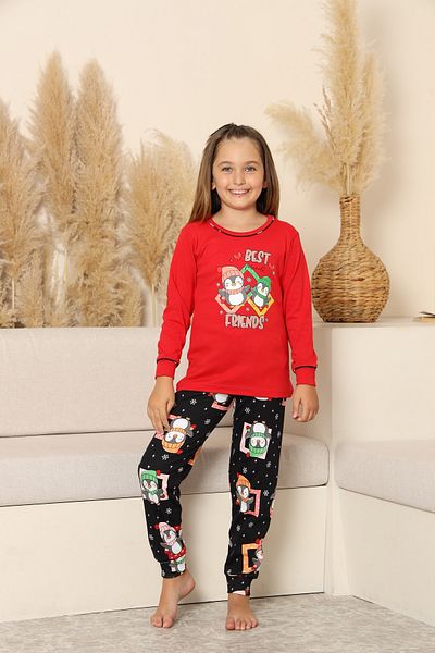 KAPİKİDS Long Sleeve Crew Neck Interlock Penguin Red Color Girls Pajama Set