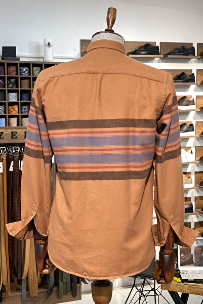 NAZEF Slim Fit Hidden Button Collar Side Striped Cotton Shirt