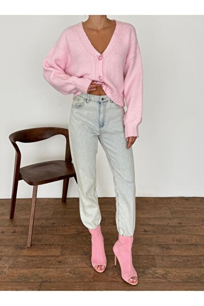 yeditepe fashion سترة AURA الأساسية ذات الرقبة على شكل حرف V باللون الوردي