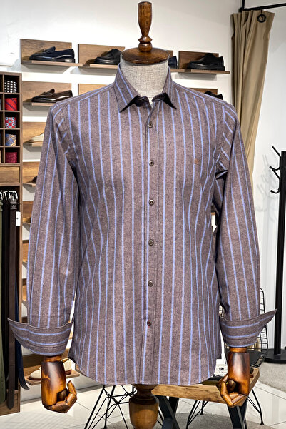 NAZEF Slim Fit Brown Striped Cotton Shirt