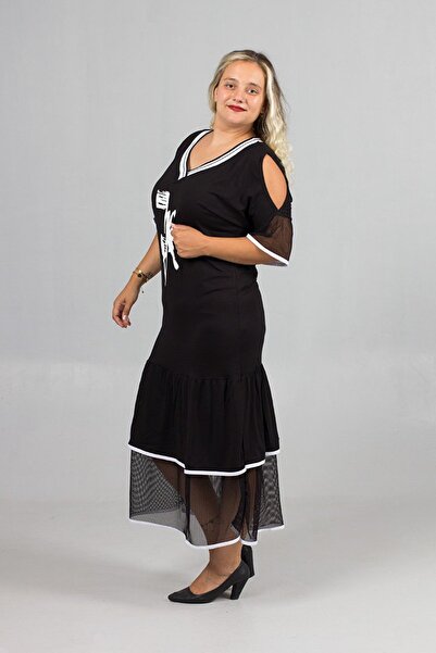 Truva XXL Μαύρο μακρύ φόρεμα με λεπτομέρεια από λύκρα βισκόζης – Κομψό και άνετο σχέδιο