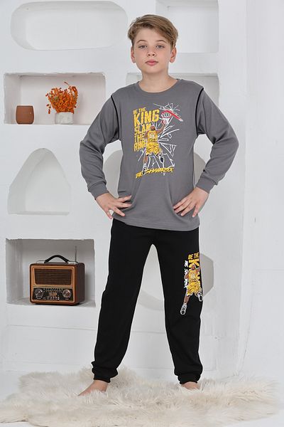KAPİKİDS Long Sleeve Crew Neck Interlock Basketball Gray Color Boys Pajama Set