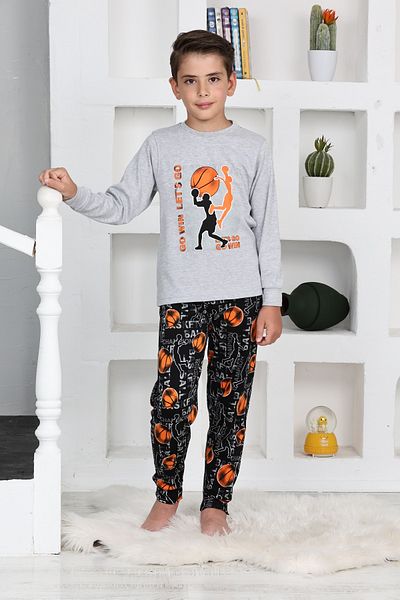 KAPİKİDS Long Sleeve Crew Neck Interlock Basketball Gray Melange Color Boys Pajama Set