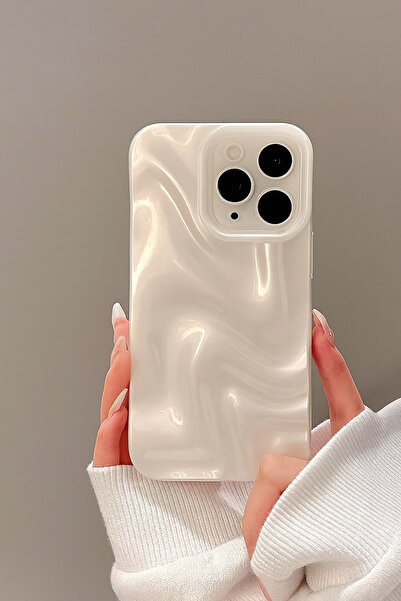 OVADA iPhone 12 Pro Max Uyumlu Kamera Koruma Beyaz İnci Tozu Dalgalı Premium Silikon Kılıf