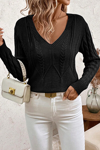 hanope Pulover de tricotaj negru cu decolteu în V împletit de păr pentru femei