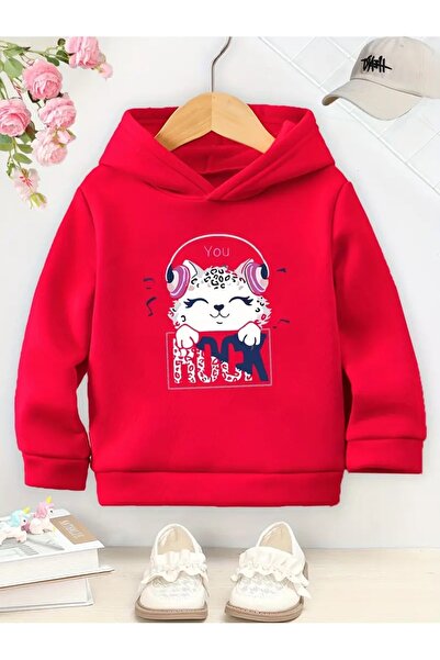 oneagılyazı Kışlık Kapüşonlu Sweatshirt, Çocuk Karikatür Kedi ve Köpek Baskılı