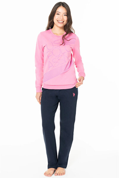 U.S. Polo Assn. Women's Pajama Set, Pocket, 100% Cotton, Long Sleeve, Crew Neck, Elastic Sleeve, Fuchsia