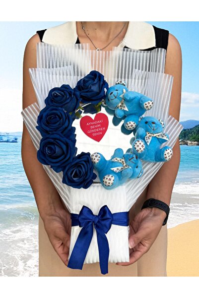 lenostra Aynalı Çiçek Buketi - Mavi Ayıcık ve Lacivert Güller - Kız Arkadaşa Hediye - Aynalı Buket