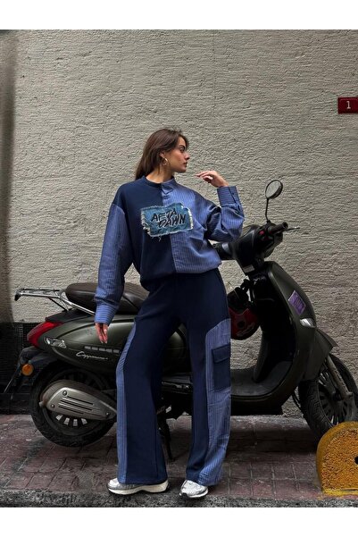 VAZIRADK Navy Blue Striped Tracksuit Set