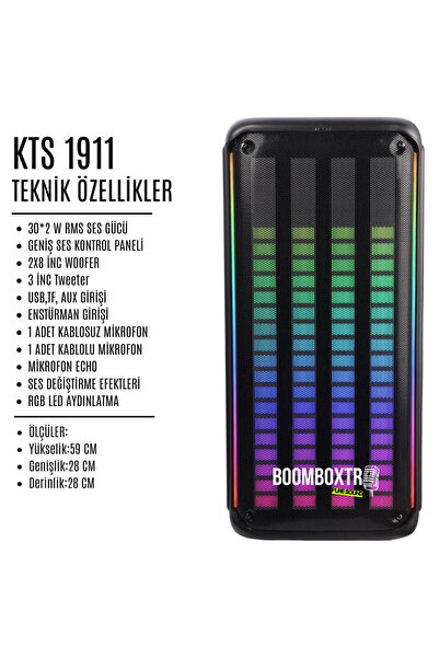 Boomboxtr KTS 1911 Taşınabilir Bluetooth Parti Hoparlörü | 60W RMS | 2x8” Woofer + Tweeter | RGB | Mikrofonlu