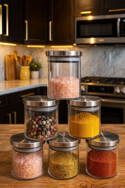 ENYAZA(2024) 6' Li Vakumlu Metal Kapaklı Baharatlık Seti Cam 200 ml Baharatlı...