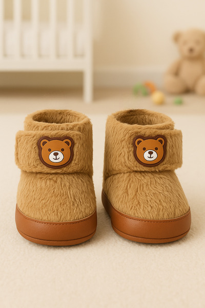 Uğur bebe Brown Baby Slippers Shoes 06 Months (No. 18) – 12 Months (No. 19) |   Plush, Non-Slip Base, Teddy Bear Pattern