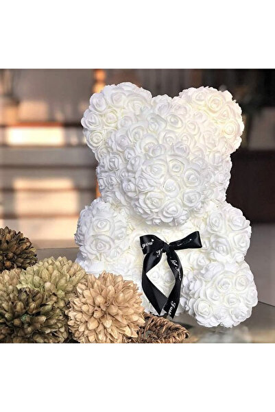 velve Λευκό λουλουδάτο αρκουδάκι από τριαντάφυλλα 40 εκ., χειροποίητο, κουτί ...