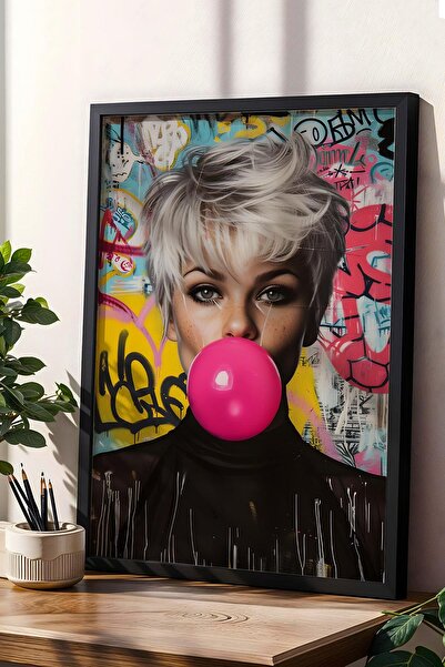 Saturn Pink Bubble Gum Balloon Exploding Woman Graffiti Framed Painting - Pop Art Poster Painting