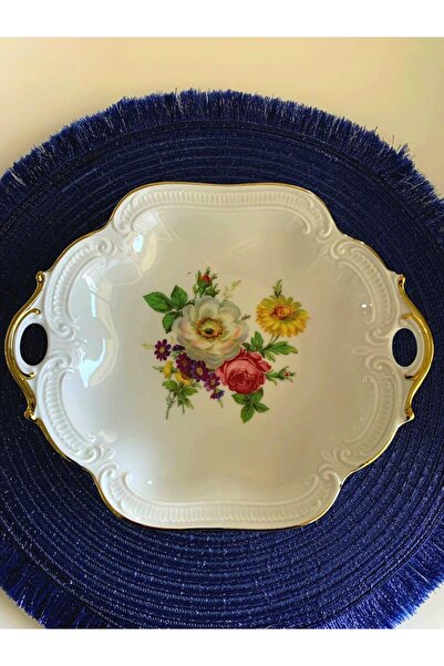 Bavaria Antika Beyaz Rölyefli ve Altın Yaldızlı Çiçek Desenli Alman Porseleni Zarif Sunum Tabağı