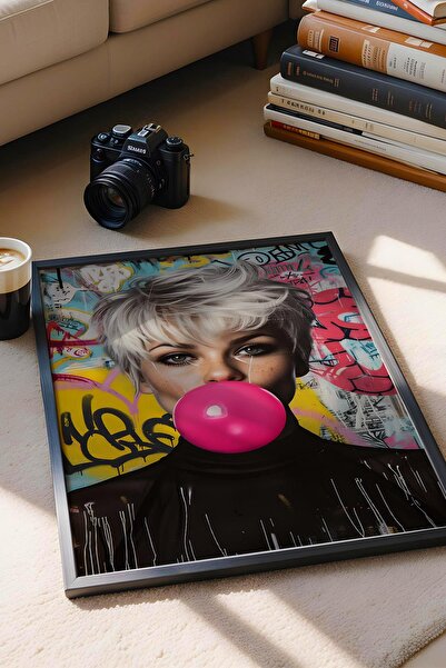 Saturn Pink Bubble Gum Balloon Exploding Woman Graffiti Framed Painting - Pop Art Poster Painting