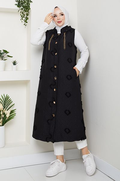 Pamuk Butik Women's Hooded Pocketed Jacquard Quilted Vest