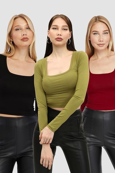 LAENT Women's Black Oil Green Burgundy Square Collar 3-Piece Crop Body