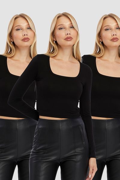 LAENT Women's Black Square Collar 3-Piece Crop Body