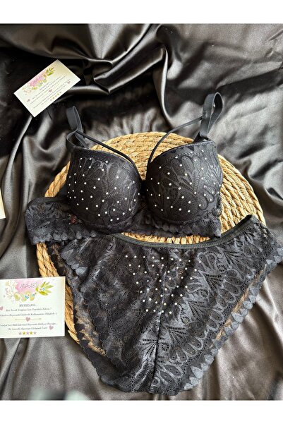 Nuzabi Σετ σουτιέν Stein Black Cross Stringed Stoned Underwire Supported