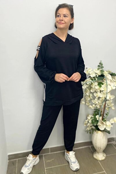 Mia Butik Women's Black Sleeve Detailed Sweatpants Set