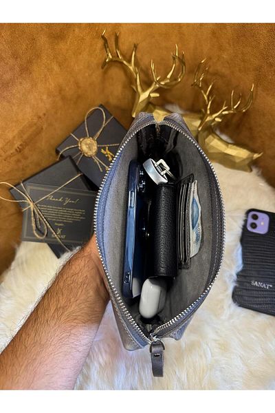 SANAT Genuine Leather Men's Handbag with Hand Grip Handle Card Holder - Travel Bag - Shaving Bag 13.5X21X3.5