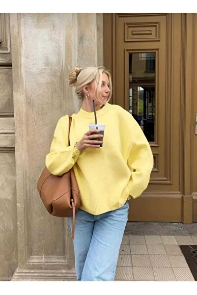 trikomode Sarı Bisiklet Yaka Oversize Kadın Yumuşak Triko Kazak