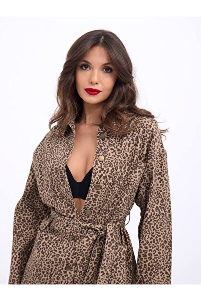 369 etnik butik Leopard Patterned Belted Women's Jacket / Tunic