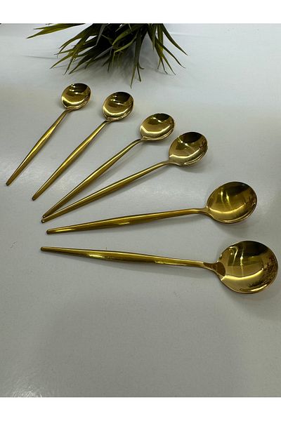Dia 6 Pieces Gold Stainless Round Dessert Spoon & Magnolia Spoon & Coffee Spoon