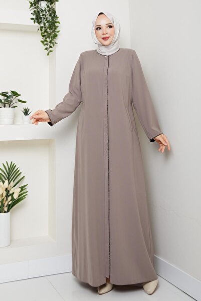Günay Karaca Yazlık Tesettür Ferace Fermuarlı Büyük Beden Bej Taş 2502