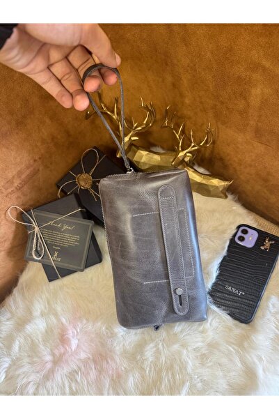 SANAT Hakiki Deri El tutma saplı Kartlıklı Erkek El Çantası - Seyahat Çantası - Tıraş Çantası 13,5x21x3,5