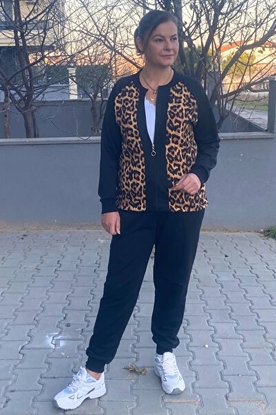 Mia Butik Plus Size Black Leopard Patterned Tracksuit Set