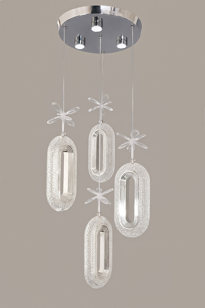 Fer Avize Doruk 4lü Modern Led Avize Krom Renk Kristal Görünüm Beyaz Işık Enerji Tasarruflu Salon Yemek Odası