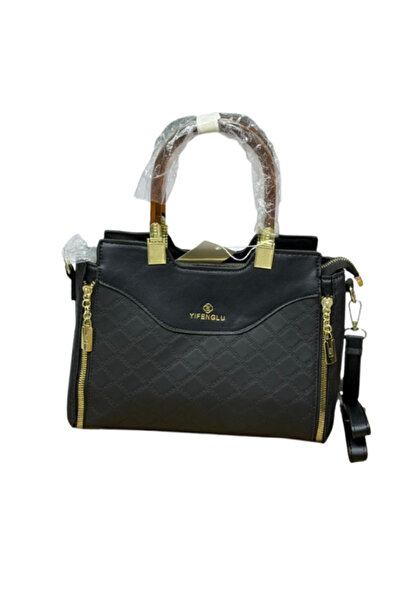 IQTENA Luxury Women’s Handbag – Black Quilted Faux Leather with Golden Zippers, Elegant Shoulder
