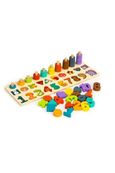 SMARTIC Jucarie educativa din lemn 3 in 1, Sortare Forme Geometrice, Numere, Puzzle, +3 ani, Smartic, multic