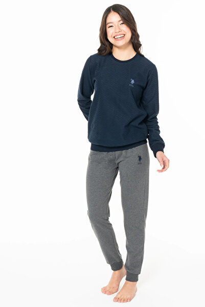 U.S. Polo Assn. Kadın Pijama Takımı, Cepsiz, Uzun Kollu, Bisiklet Yaka, Kol ve Paça Lastikli, Polo Nakışlı, Lacivert