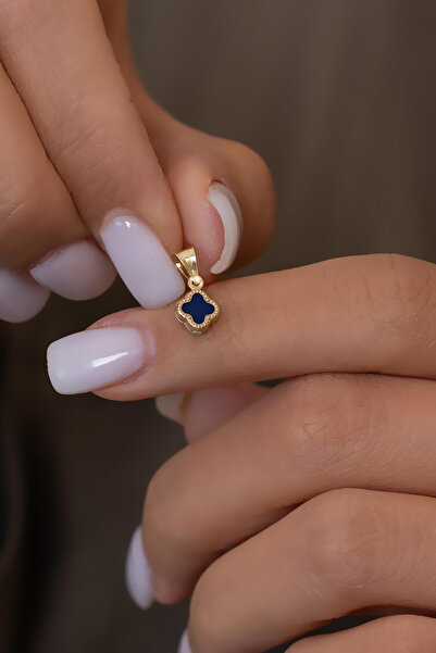 Bayar Gold 14 Ayar Altın Lacivert Renkli Yonca Kolye Ucu