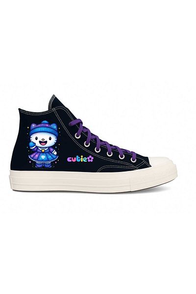 ECCAdesing Hallo Printed Black Linen Children's Shoes and Sneakers with Blue Dress