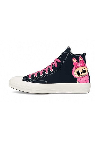 ECCAdesing Pink Labubug Printed Black Linen Children's Shoes and Sneakers with Ribbon Buckle