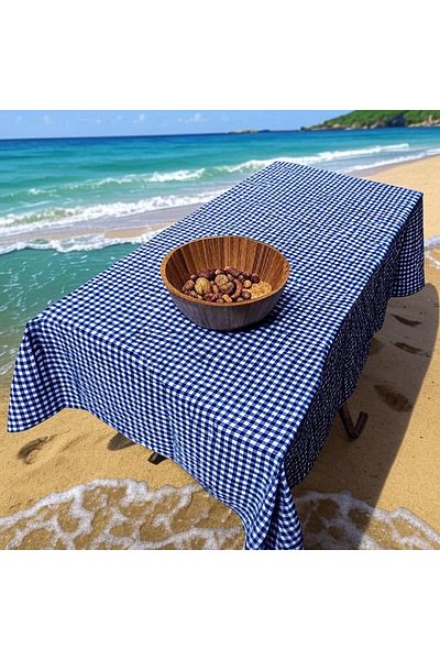 Exve Exclusive Saks Blue Gingham Cotton Woven Φιλικό προς το περιβάλλον Κάλυμμα τραπεζιού τροχόσπιτου κάμπινγκ 120 cm