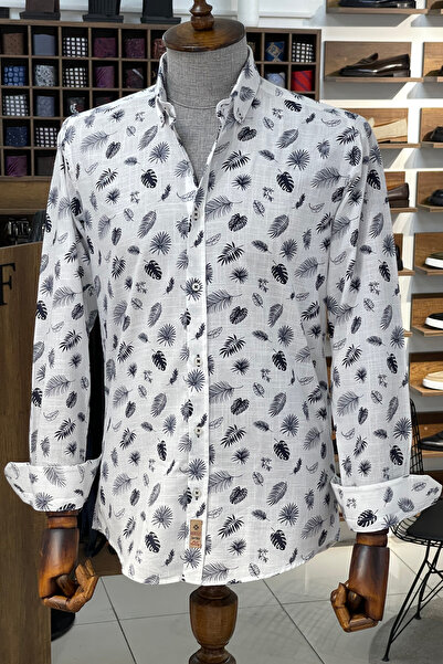 NAZEF Slim Fit High Quality Button Collar Patterned Linen Men's Shirt