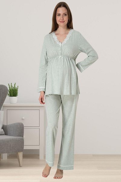 BLACKMORE Women's Water Green Melange Collar Lace Maternity Pajama Set