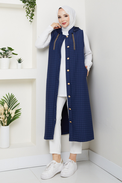 Pamuk Butik Women's Plus Size Gold Detailed Pocketed Quilted Vest