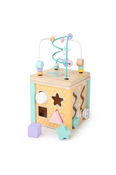 SMARTIC Educational Sorting Cube with Wooden Shapes and Labyrinth, Multicolor, +3 years, Smartic, 4 pieces