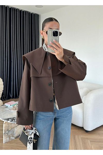 My Blog Brown Sakura Wide Collar Short Trench Coat - 7530