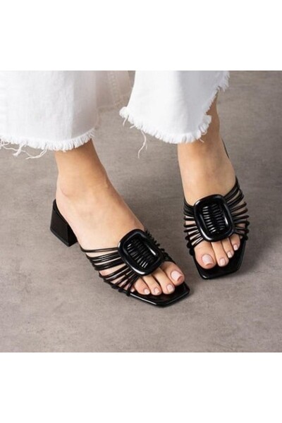 Erbilden Anca Black Patent Leather Heeled Slippers