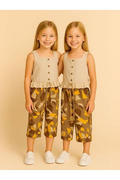 Zekids Girls' Suspender Blouse and Geometric Patterned Trousers Set