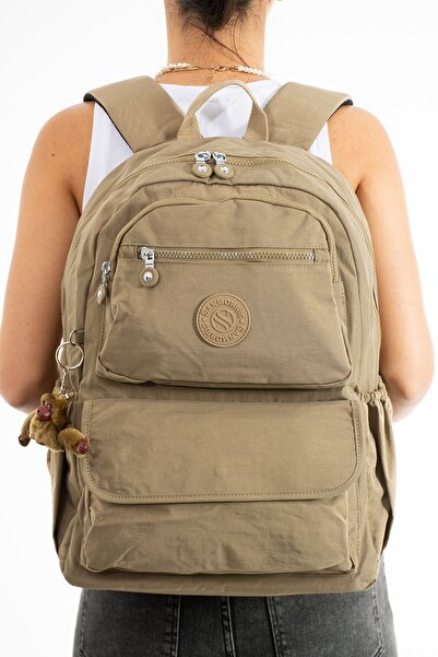 Çanta Trend Unisex Waterproof Fabric Large Size Beige Colored School Travel Backpack with Laptop Compartment
